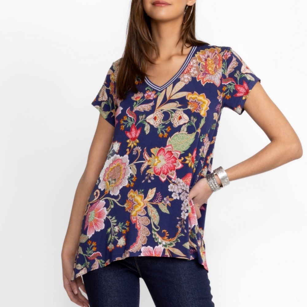 Johnny Was Janie Favorite Drape Tunic Vivienne Floral Top Size XS Purple Navy
